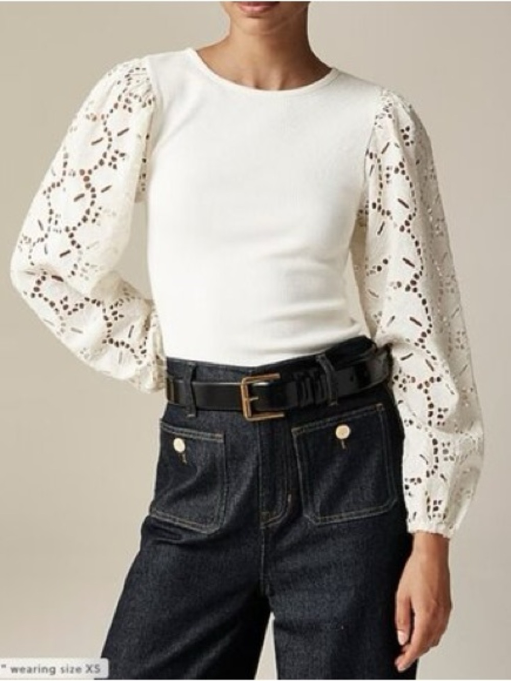 J. Crew Vintage Rib Top With Eyelet Long Sleeves in Ivory - NWOT - Size Small